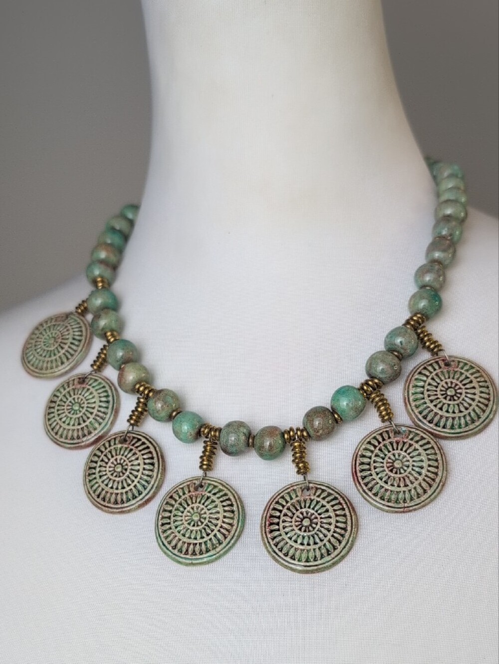NWT Claycult Cambodia Handmade Ceramic Medallion Statement Necklace HANDMADE
